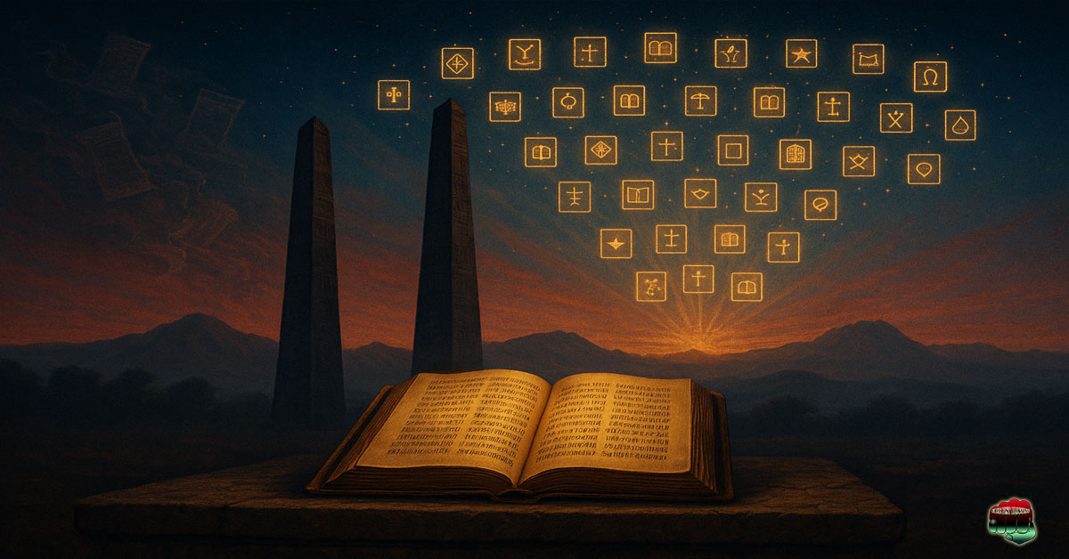Widescreen illustration of an ancient Ethiopian Bible glowing in Ge’ez script beneath the Axum obelisks and Ethiopian highlands, with 81 radiant book-icons forming constellations above — symbolizing Ethiopia as the first Christian civilization and guardian of the complete canon.