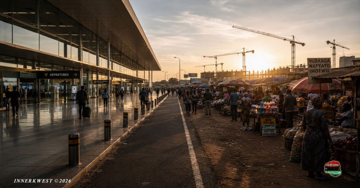 modern airport infrastructure in Zambia built with Chinese investment contrasted with local economic life