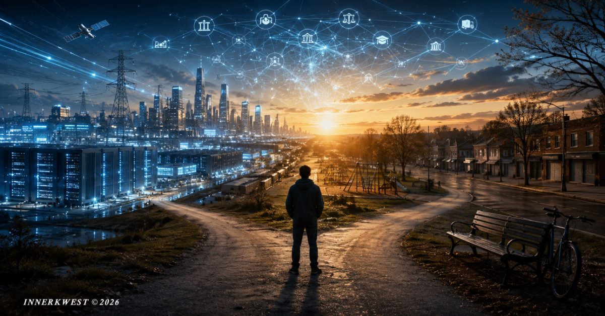 Cinematic illustration of a solitary figure facing two futures: a technologically advanced city powered by artificial intelligence, data centers, and energy infrastructure on one side, and a quiet community with empty public spaces on the other, representing the societal questions surrounding AI, human participation, and the future of work.
