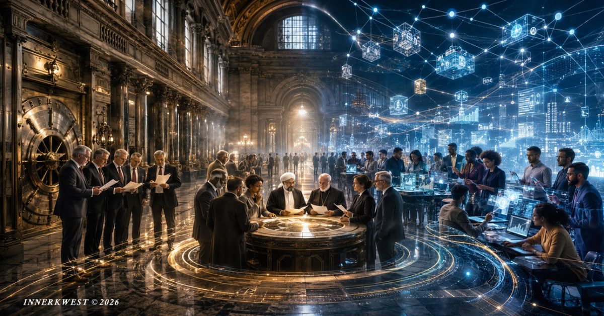 A symbolic illustration depicting software quietly replacing traditional banking through self-custody wallets, stablecoins, tokenized assets, digital identity, and on-chain financial infrastructure while legacy banking institutions observe the transformation.