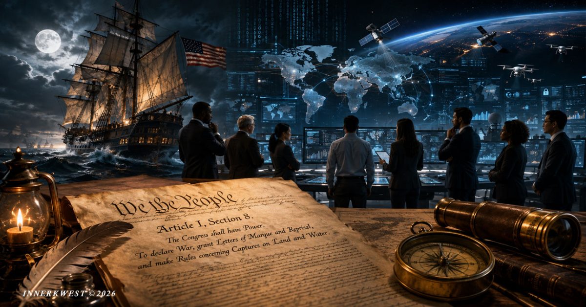 The U.S. Constitution bridges the Age of Sail and the digital era, symbolizing the enduring relevance of Congress's constitutional authority to issue Letters of Marque and Reprisal in the context of modern cybersecurity and national security.
