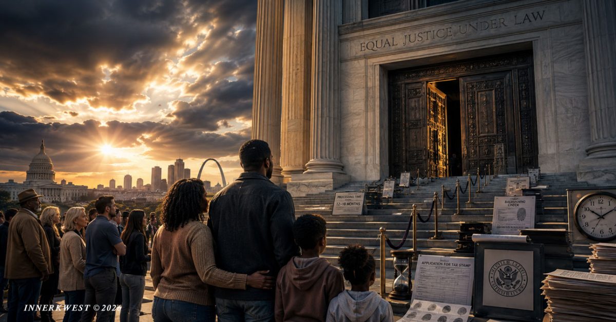 Symbolic illustration representing constitutional rights, firearm regulation, and the debate over whether equal laws create unequal burdens for Black firearm ownership in America.