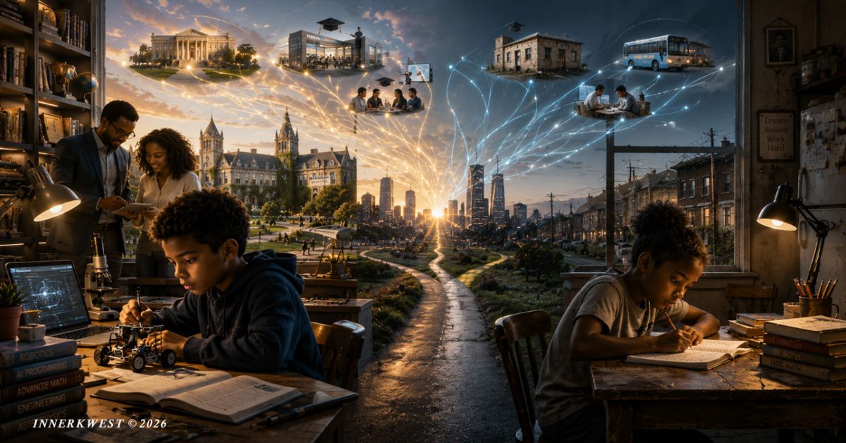 Cinematic illustration symbolizing the inheritance of opportunity through education, institutional access, wealth, and artificial intelligence, contrasted with unequal pathways to success.