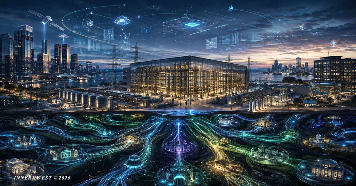 A cinematic illustration of massive AI data centers connected through glowing financial networks representing private credit, insurance capital, securitization, and institutional investment powering the artificial intelligence economy.