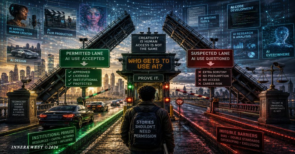 Cinematic illustration of a Black creator standing before a futuristic AI drawbridge checkpoint, where a green “Permitted Lane” offers approved AI access while a red “Suspected Lane” faces scrutiny and barriers, symbolizing racial inequality, institutional privilege, and modern gatekeeping in AI-assisted creativity.