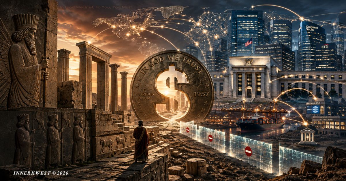 Ancient Persian ruins face a towering U.S. dollar monument and modern financial institutions as glowing global transaction networks encounter barriers, symbolizing the reach of American financial power and sanctions.