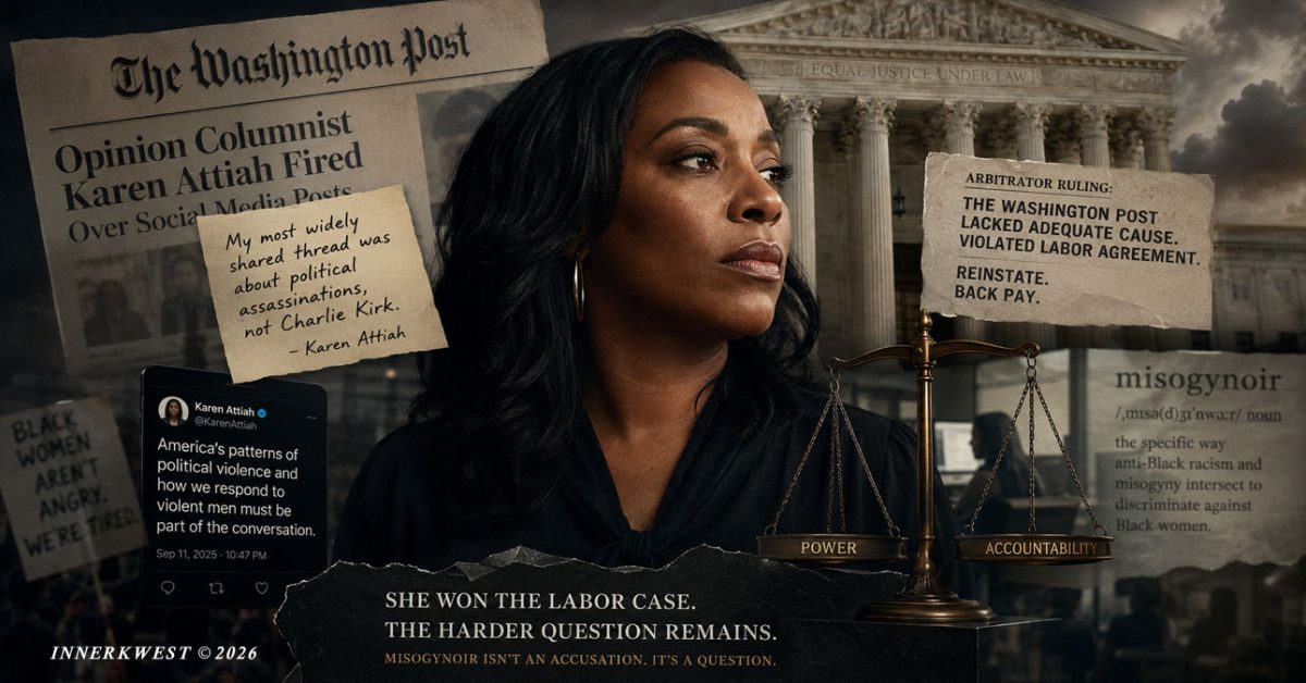 Editorial illustration examining Karen Attiah's Washington Post firing and reinstatement through questions of media power, workplace standards, race, gender and misogynoir.