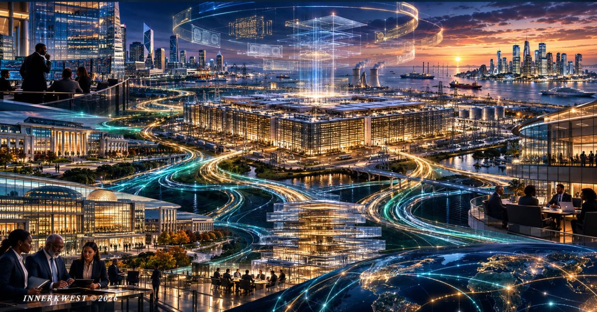 A cinematic illustration of financial risk flowing through interconnected AI data centers, private credit markets, securitization structures, institutional investors, and offshore reinsurance networks, symbolizing the hidden transfer of financial exposure within the artificial intelligence economy.