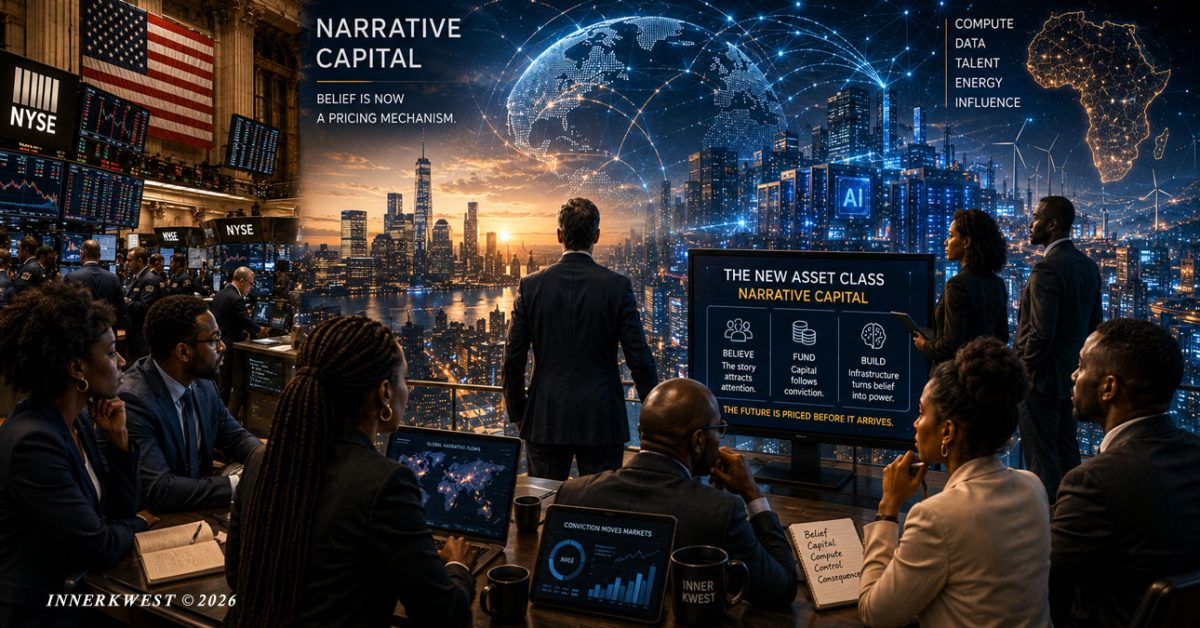 Narrative Capital illustration showing a group of financial and technology professionals overlooking a futuristic AI-powered skyline connected to the New York Stock Exchange, symbolizing how belief, capital, compute, data, energy, and talent converge to shape the next era of institutional investing
