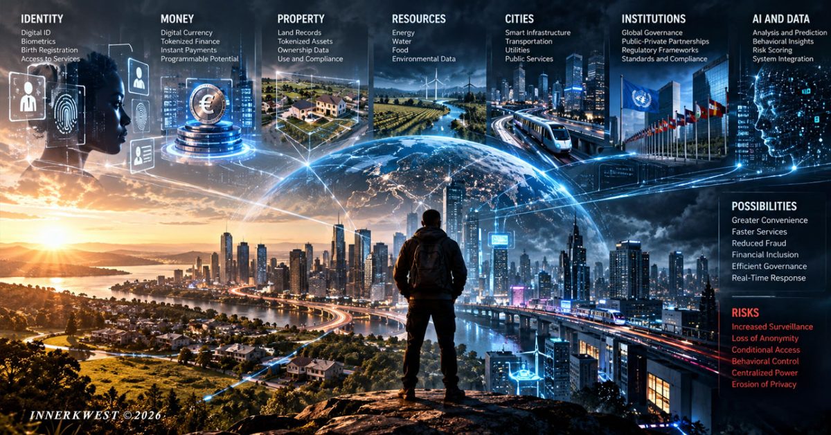 Interconnected digital systems linking identity, money, tokenized finance, artificial intelligence and smart-city infrastructure