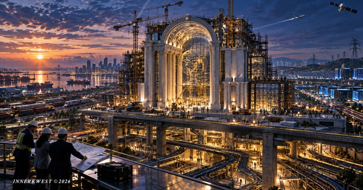 A monumental architectural structure under construction at twilight with engineers overlooking interconnected financial, energy, transportation, and digital infrastructure, symbolizing the quiet reconstruction of global financial architecture