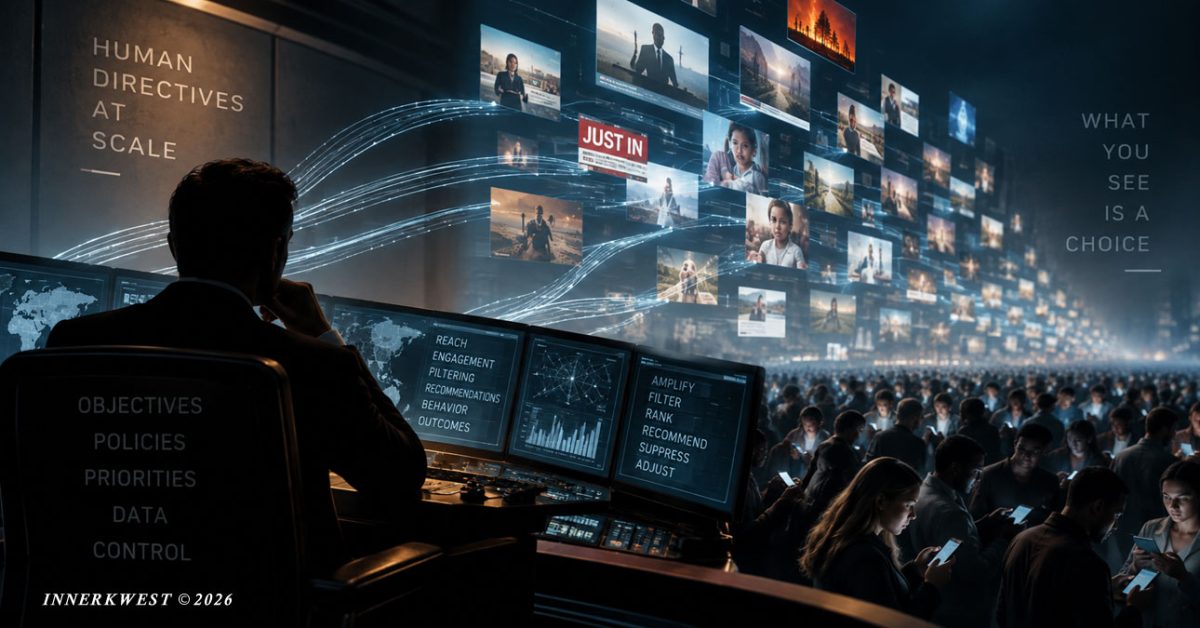 A silhouetted human operator oversees a vast digital control room where algorithms amplify, filter, rank, recommend, and suppress content flowing toward a massive crowd absorbed in their smartphones.