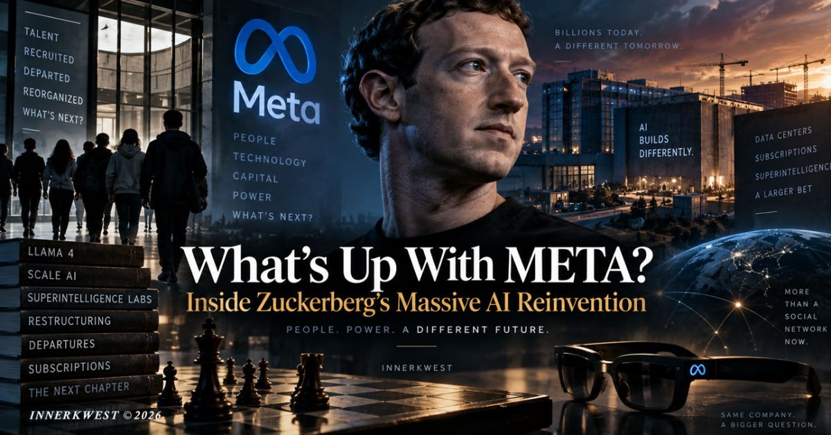 Mark Zuckerberg stands between departing Meta employees and a massive AI data center, surrounded by imagery representing Llama 4, Scale AI, superintelligence, subscriptions, corporate power and Meta’s ongoing AI reinvention.