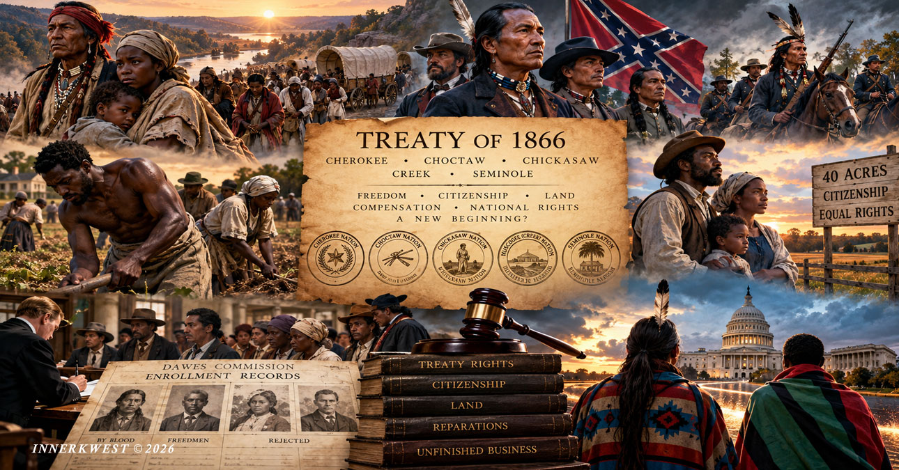 Historical cinematic illustration of Native American slaveholding, Confederate participation, African American Freedmen, the 1866 treaties, land rights, and Dawes Commission enrollment.