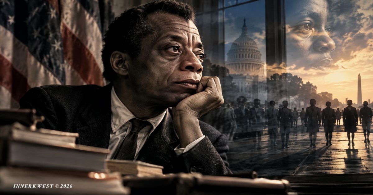 Editorial illustration of James Baldwin contemplating the American Dream and the historical contradictions of American society.