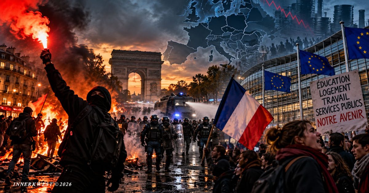 Cinematic scene of European unrest in Paris, showing protesters, riot police, burning barricades, French and European Union flags, and signs calling for education, housing, work and public services against a backdrop of economic and demographic uncertainty.