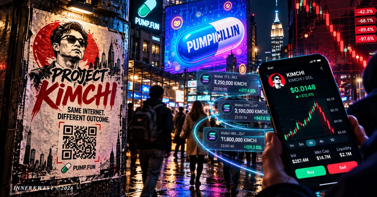 Cinematic nighttime scene depicting the Kimchi memecoin saga, with a Project Kimchi QR-code poster, PUMPCILLIN billboard, blockchain wallet transactions, a KIMCHI trading screen, and a plunging crypto price chart against a neon-lit Manhattan backdrop.