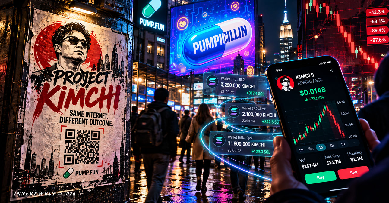 Cinematic nighttime scene depicting the Kimchi memecoin saga, with a Project Kimchi QR-code poster, PUMPCILLIN billboard, blockchain wallet transactions, a KIMCHI trading screen, and a plunging crypto price chart against a neon-lit Manhattan backdrop.
