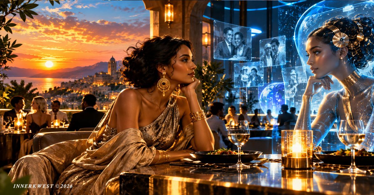 Elegant woman in a golden gown sits between a warm, human-centered world and a futuristic realm of artificial intelligence, symbolizing the tension between authentic human connection and synthetic experience.